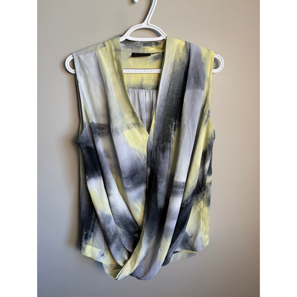 DKNY Jeans Womens Yellow Abstract Draped Surplice Top XL Workwear Chic Artistic